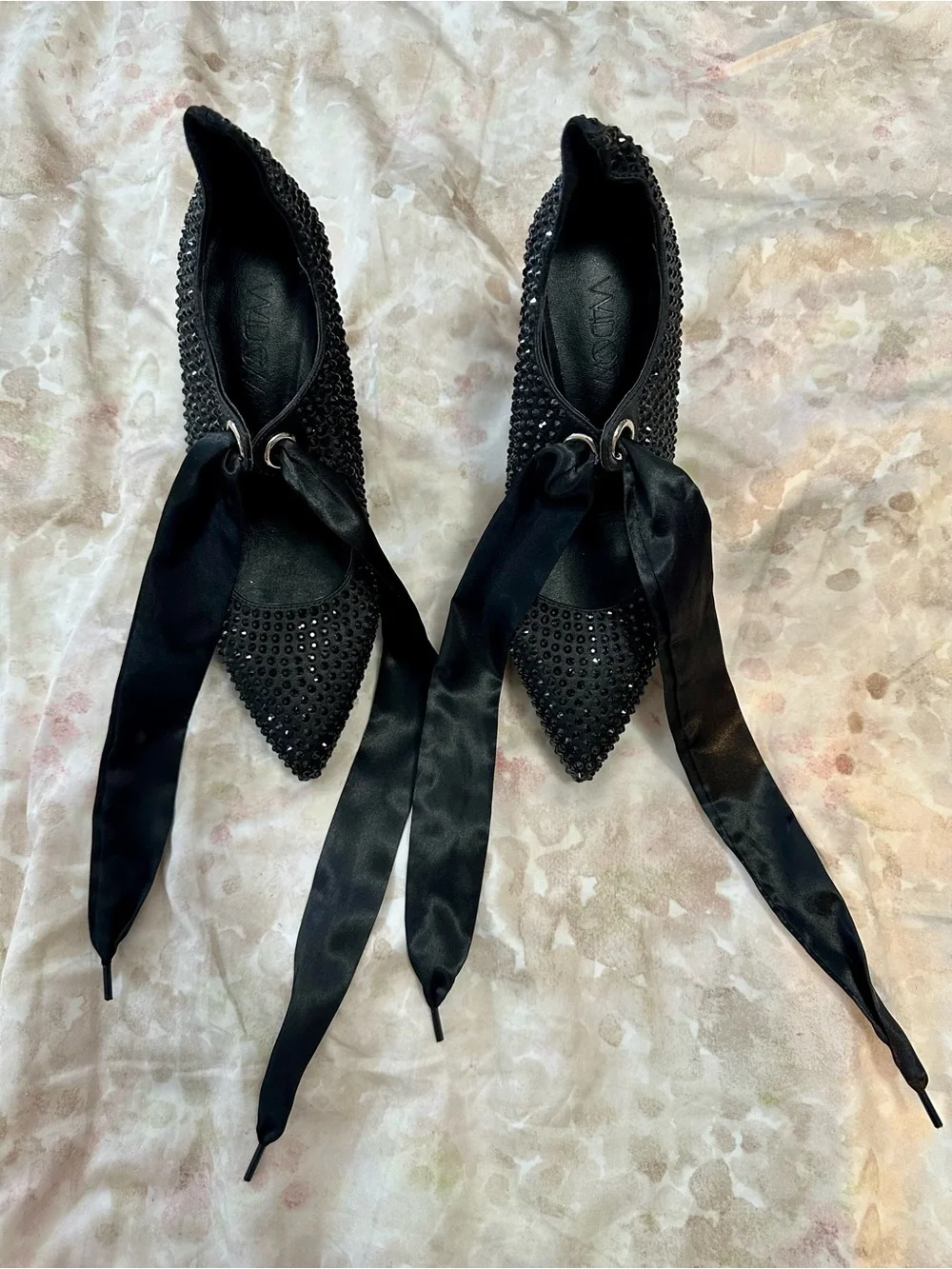 Dolls Kill Widow Black Crystal Platform Lace-Up Heels with Satin Bow